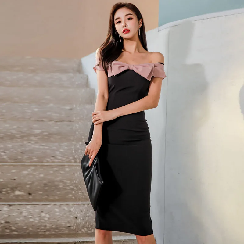 2019 Spring And Summer Korean-style Sexy off-the-Shoulder Backless Mixed Colors Bow Tight Slimming Sheath Dress
2019 Spring And Summer Korean-style Sexy off-the-Shoulder Backless Mixed Colors Bow Tight Slimming Sheath Dress