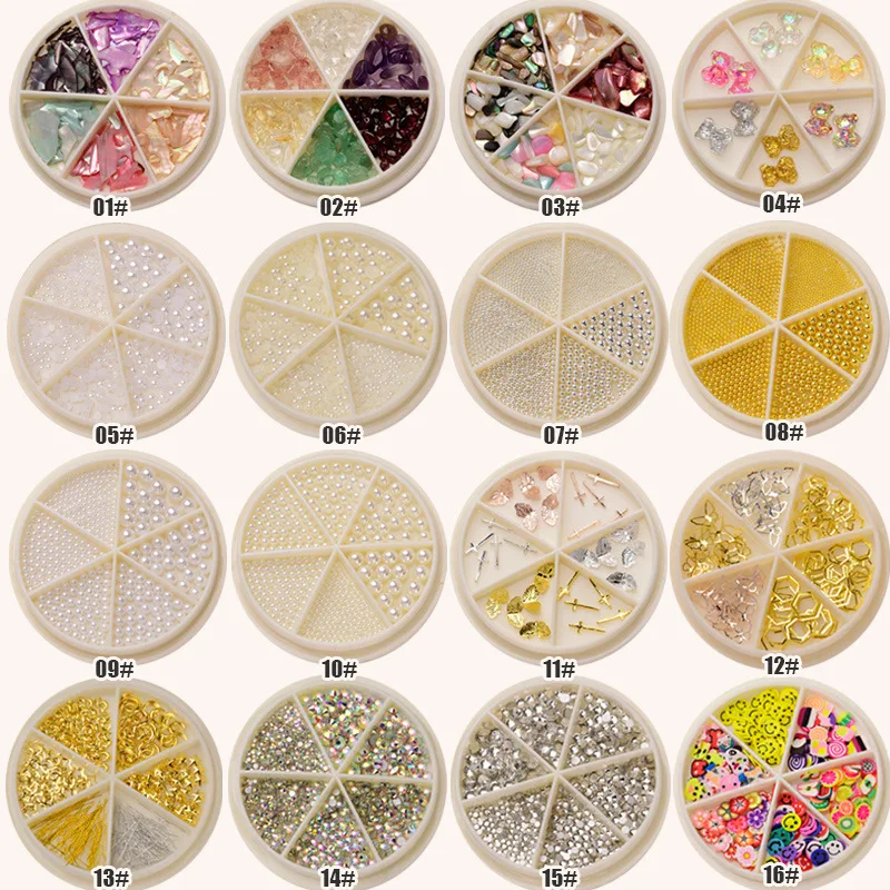 

6 Grids Crystal AB Rhinestones For Nails Accessories Mix Shell Flakes Metal Studs Caviar Beads 3d Pearls Nail Art Decorations