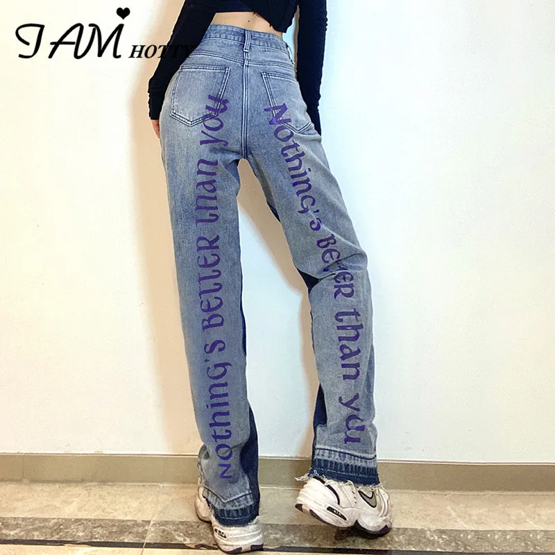 

Fashion Harajuku Behind Graphics Letter Print Women's Straight Jeans Classic Mom High Waist Baggy Patchwork Pants Iamhotty