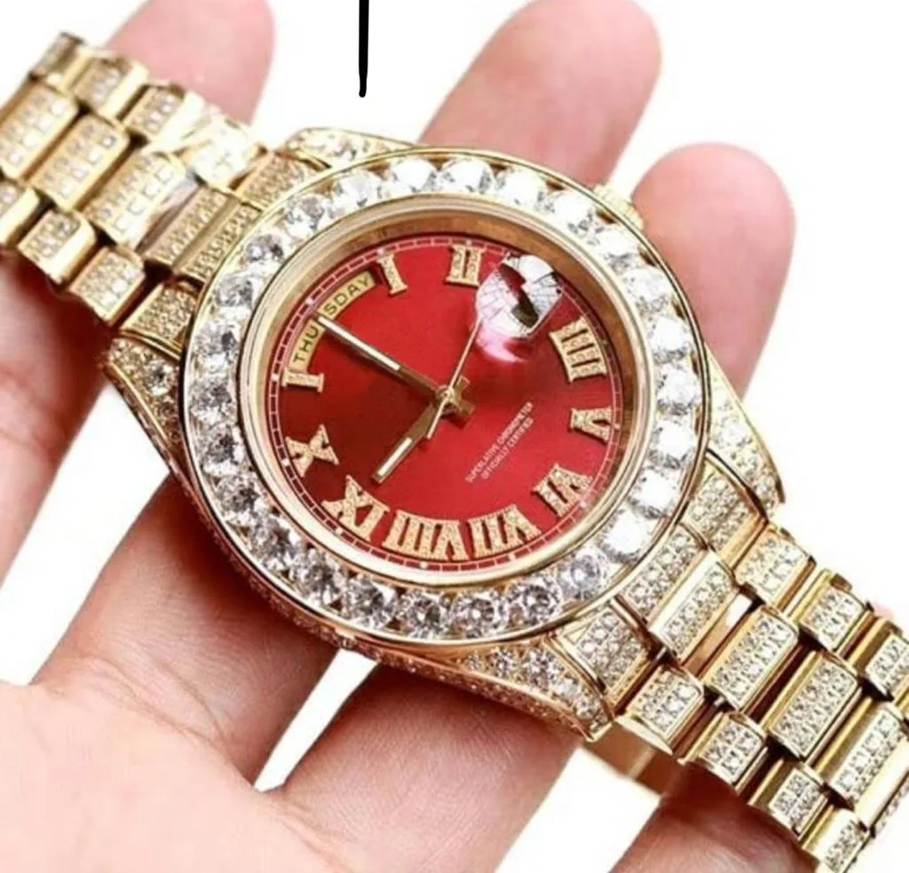 Luxury Brand New Men Daydate Red Rome Dial Yellow Gold Big Diamonds Bezel Automatic Mechanical Stainless Steel Sapphire Watch
Luxury Brand New Men Daydate Red Rome Dial Yellow Gold Big Diamonds Bezel Automatic Mechanical Stainless Steel Sapphire Watch