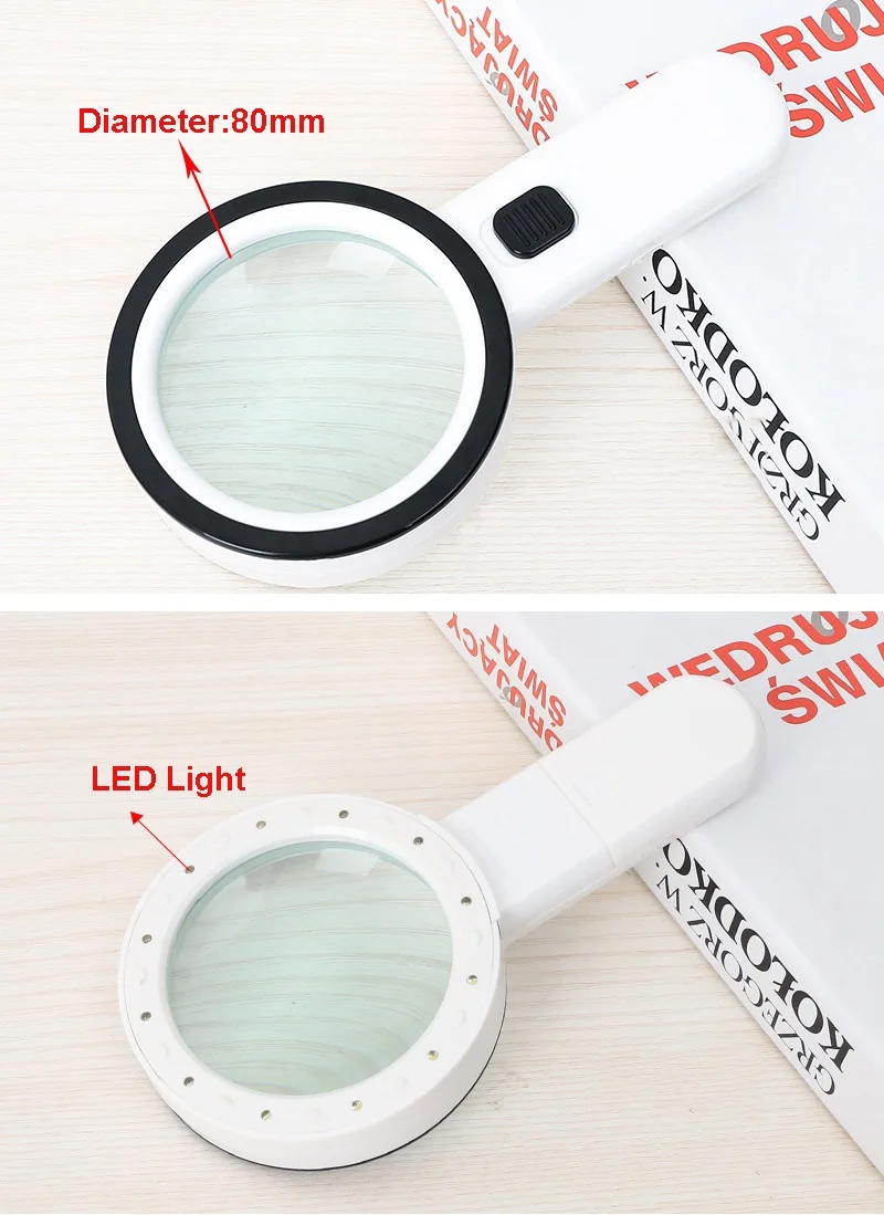 30X Handheld Magnifying Glass With LED Light 12 LED Magnifier For Reading Double Optical Lens Jeweler Loupe Reading Magnifier