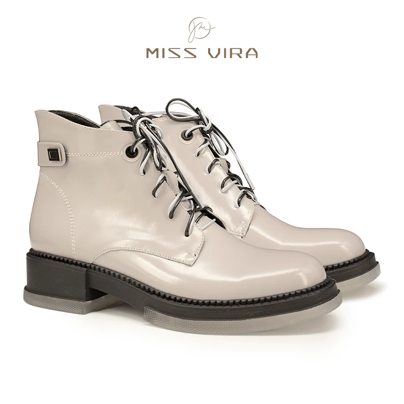

MISS VIRA Ankle Boots Women Genuine Leather Side Zipper Round Toe Lace Up Fashion Platform Boots Ladies Shoes