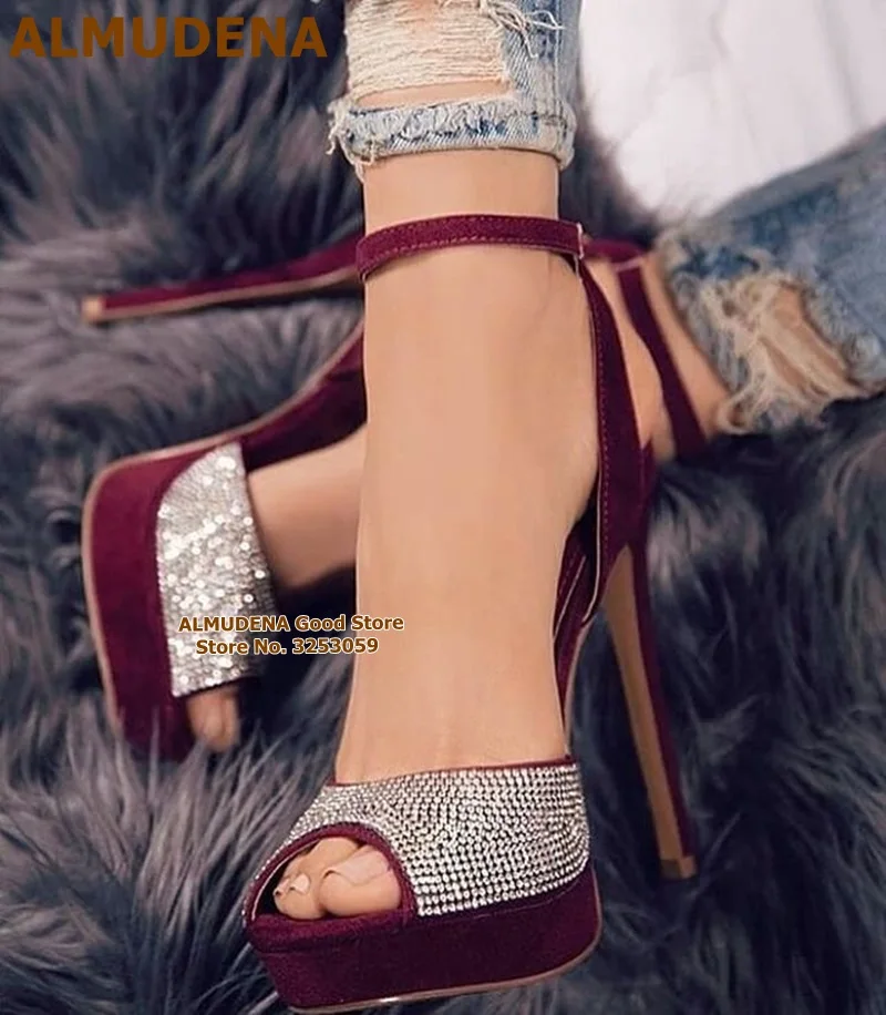 ALMUDENA Bling Bling Crystal Wedding Shoes Wine Red Suede Stiletto Heels Patchwork Party Pumps Open Toe Platform Burgundy Shoes
ALMUDENA Bling Bling Crystal Wedding Shoes Wine Red Suede Stiletto Heels Patchwork Party Pumps Open Toe Platform Burgundy Shoes