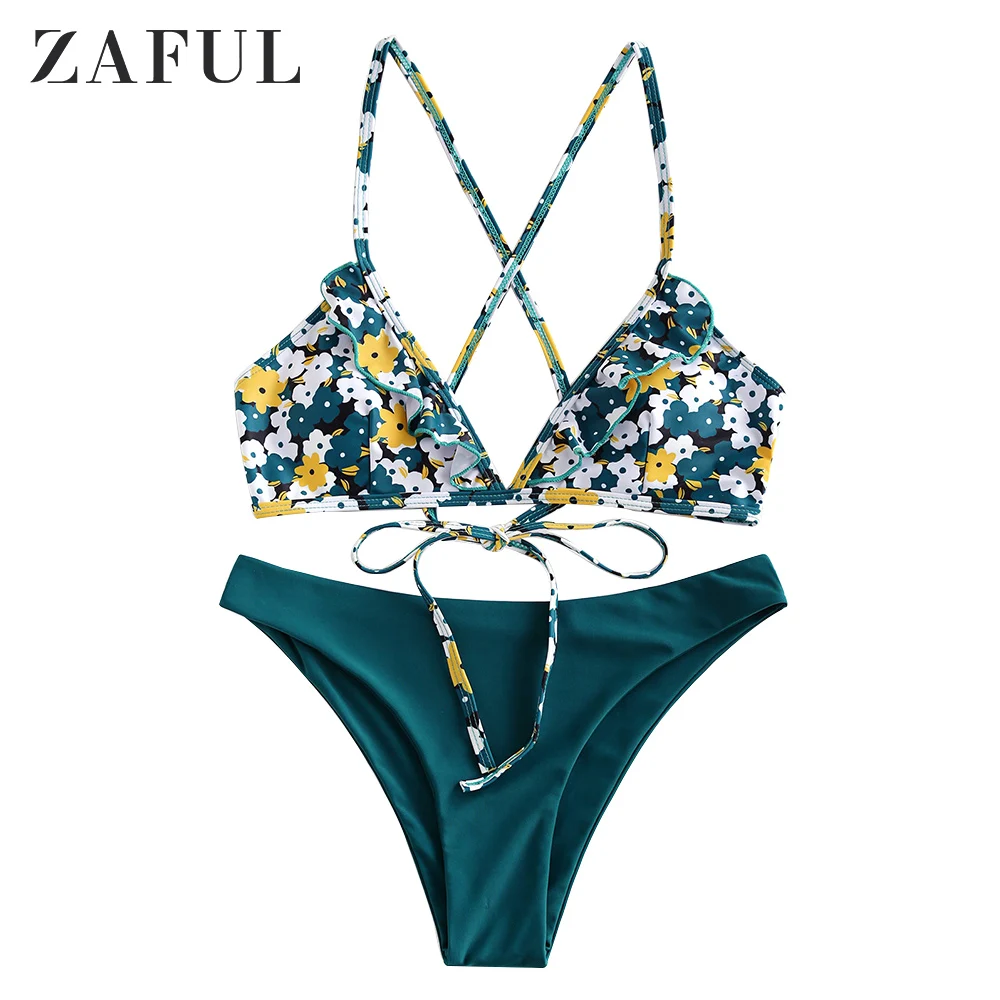 ZAFUL Flower Print Ruffle Cross Back Bikini Swimsuit
