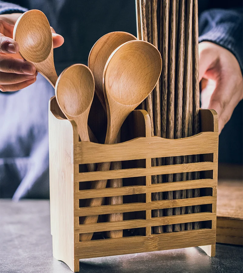 Kitchen Utensils Spoon Chopsticks Wood Bamboo Cutlery Storage Drying Rack Shelve 