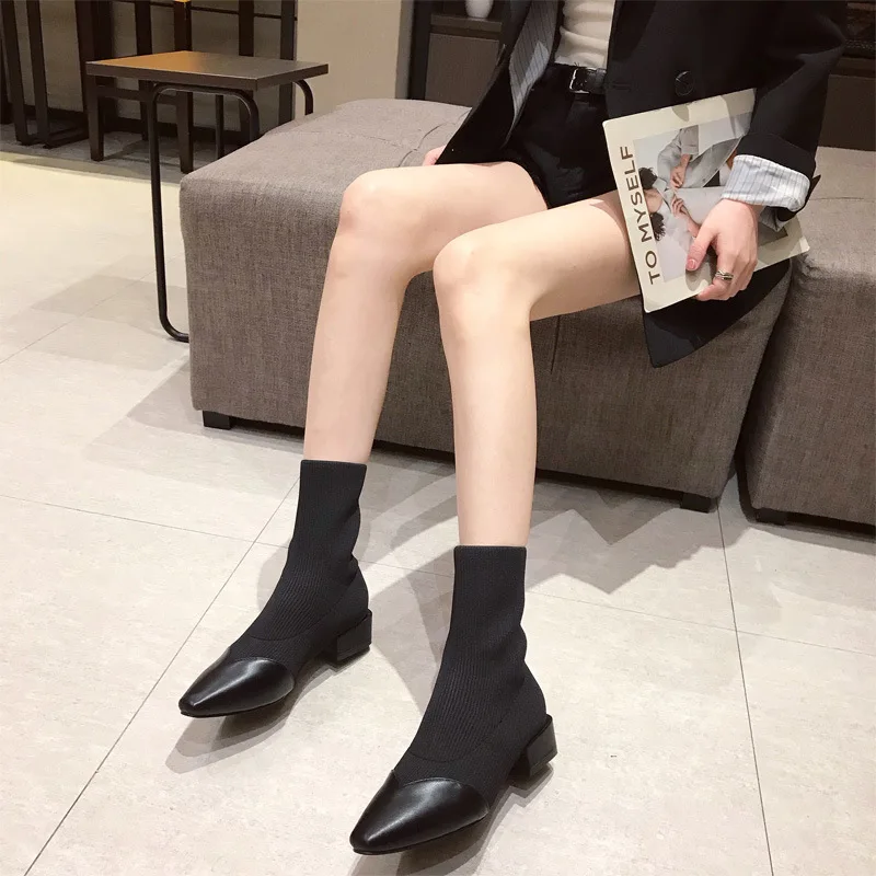 Shoes Pointy Boot Women's Mid Calf Boots Clogs Platform Chunky Heel Bootee Woman 2019 Lace Up Pointe Rubber Med Solid Canvas