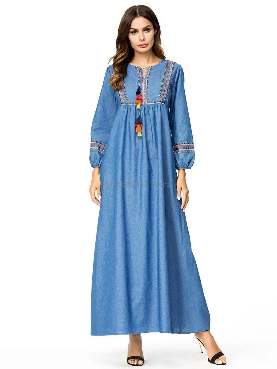 

Muslim women Maix straight dress Denim ethnic Abaya Jilbab long-sleeved lace-up new