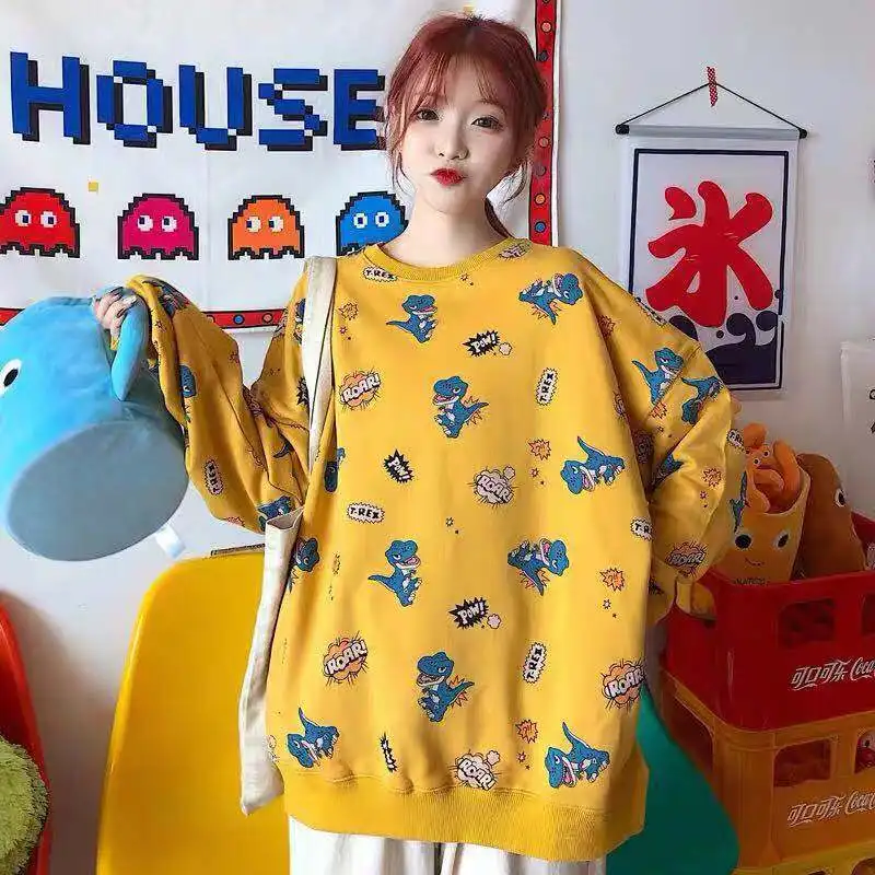 Ulzzang осень женский Harajuku модные Толстовка свободного кроя S 2XL с проектом динозавра