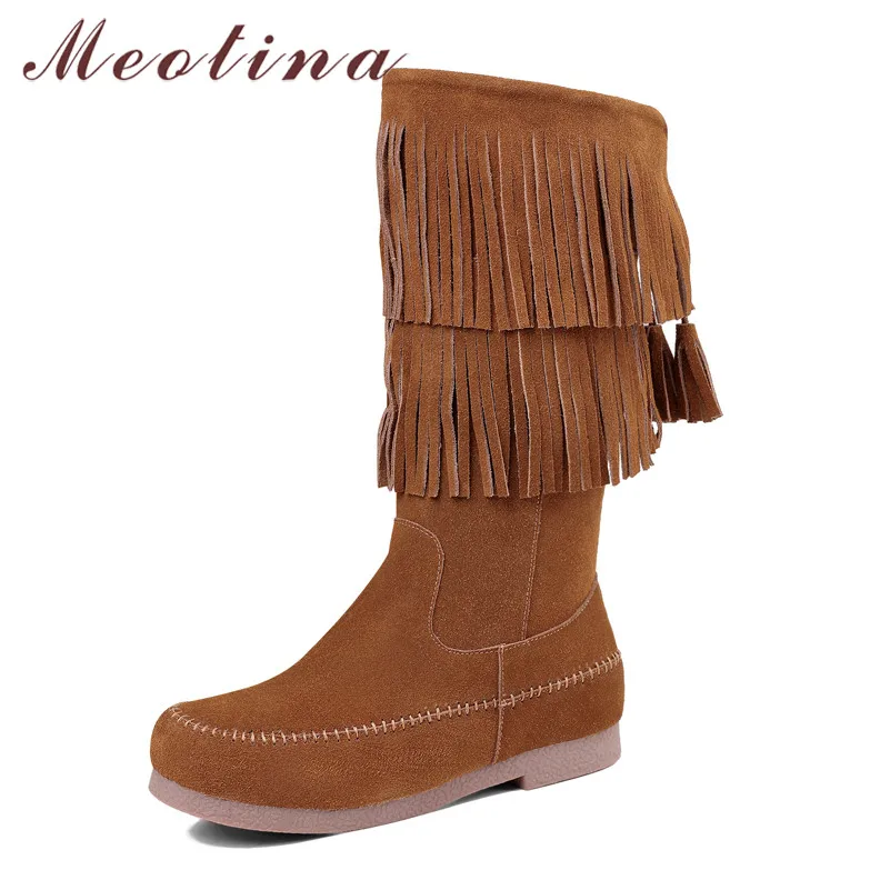 

Meotina Cow Suede Flats Mid Calf Boots Women Shoes Real Leather Flat Lady Boots Fringe Zip Fashion Boots Ladies Winter Brown