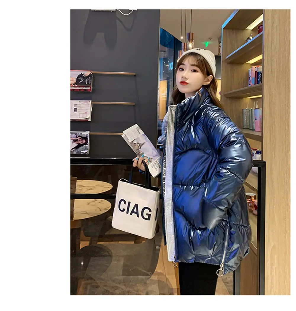 PinkyIsBlack 2020 Autumn Womens Winter Coats Fashion Glossy Stand Collar Parkas Winter Jacket Women Shinny Padded Cotton Coat