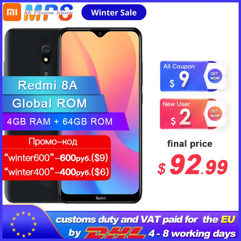Xiaomi Redmi 8A 8 A с глобальной прошивкой 4 Гб ОЗУ 64 ПЗУ 5000 мАч смартфон Snapdargon 439 четыре