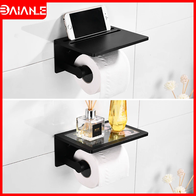 Toilet Paper Holder with Glass Shelf Aluminum Black Bathroom Roll Paper Holder Wall Mounted Multi-function Mobile Phone Shelves
Toilet Paper Holder with Glass Shelf Aluminum Black Bathroom Roll Paper Holder Wall Mounted Multi-function Mobile Phone Shelves