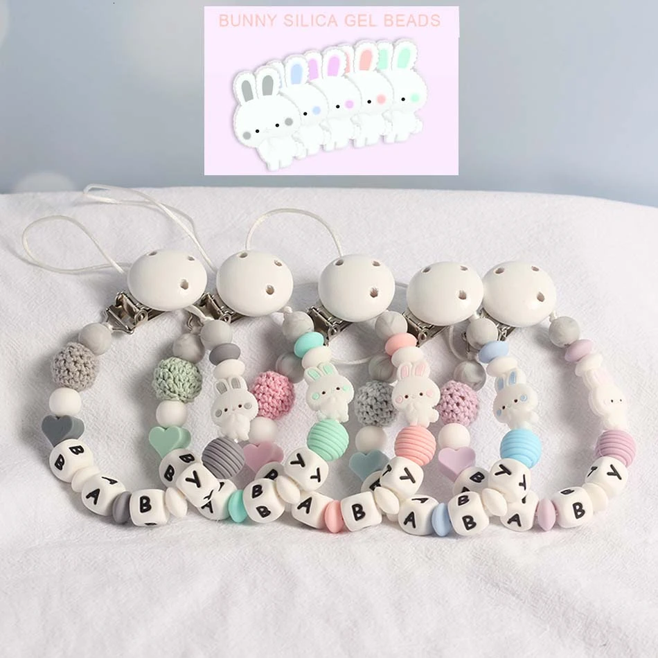 Personalized Name Handmade Silicone Pacifier Chain Holder Clips Safe Teething Chain Cute Rabbit Baby Teether Eco-friendly Beads
Personalized Name Handmade Silicone Pacifier Chain Holder Clips Safe Teething Chain Cute Rabbit Baby Teether Eco-friendly Beads