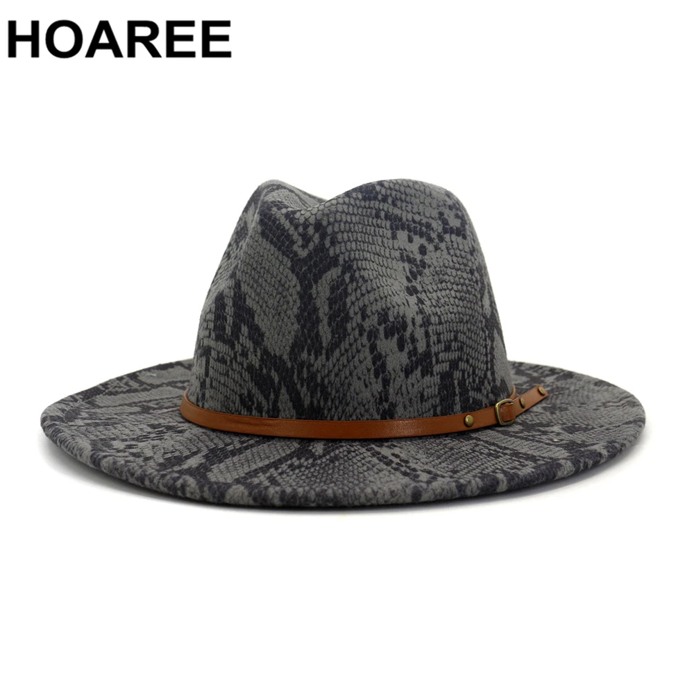 

HOAREE Wool Felt Jazz Fedora Hat Gray Serpentine Pattern Women Men Wide Brim Panama Party Male Female Brand Trilby Cap Chapeau