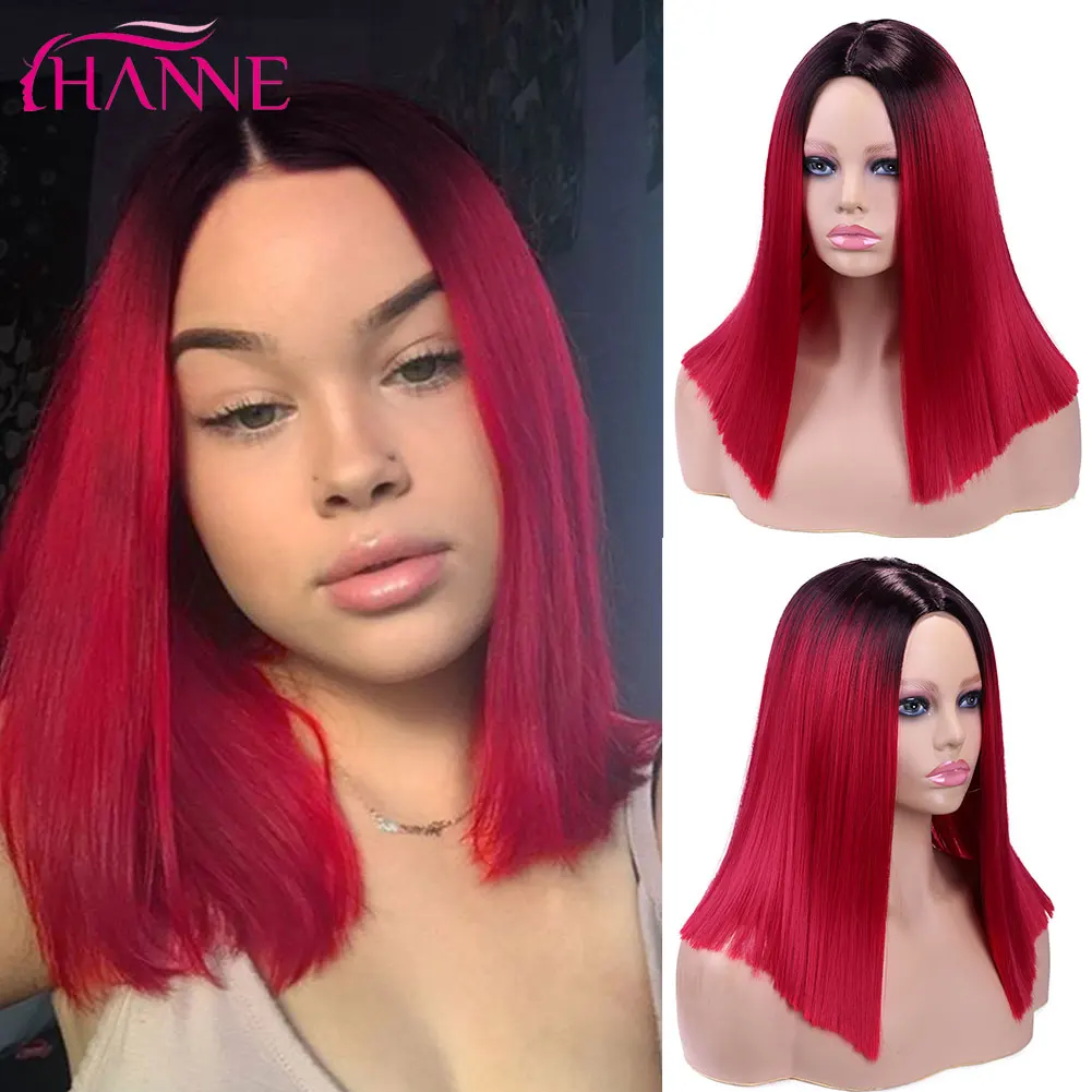 HANNE Ombre Pink/red/blue Short Straight Wig Middle Part Cosplay Wigs For White Women Heat Resistant Hair Wigs
