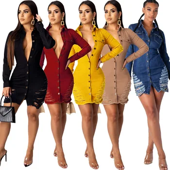 Autumn Red Dress Women Denim Dress Long Sleeve Turn-down Collar Empire Sheath Sexy Mini Dresses Above Knee Single-breasted 
Autumn Red Dress Women Denim Dress Long Sleeve Turn-down Collar Empire Sheath Sexy Mini Dresses Above Knee Single-breasted