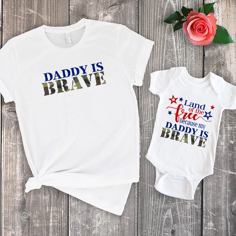 Land of The Free Because My Daddy Is Brave 4th July Shirt Summer Military Kid Tshirt Home Coming Family Matching Clothes | Мать и ребенок