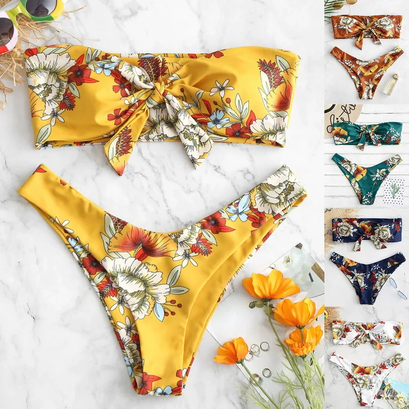 

Women Bikini Set Knot Floral Bandeau Swimwear Strapless Swimsuit Brazilian Biquini Sexy Thong Bathing Suit Maillot De Bain