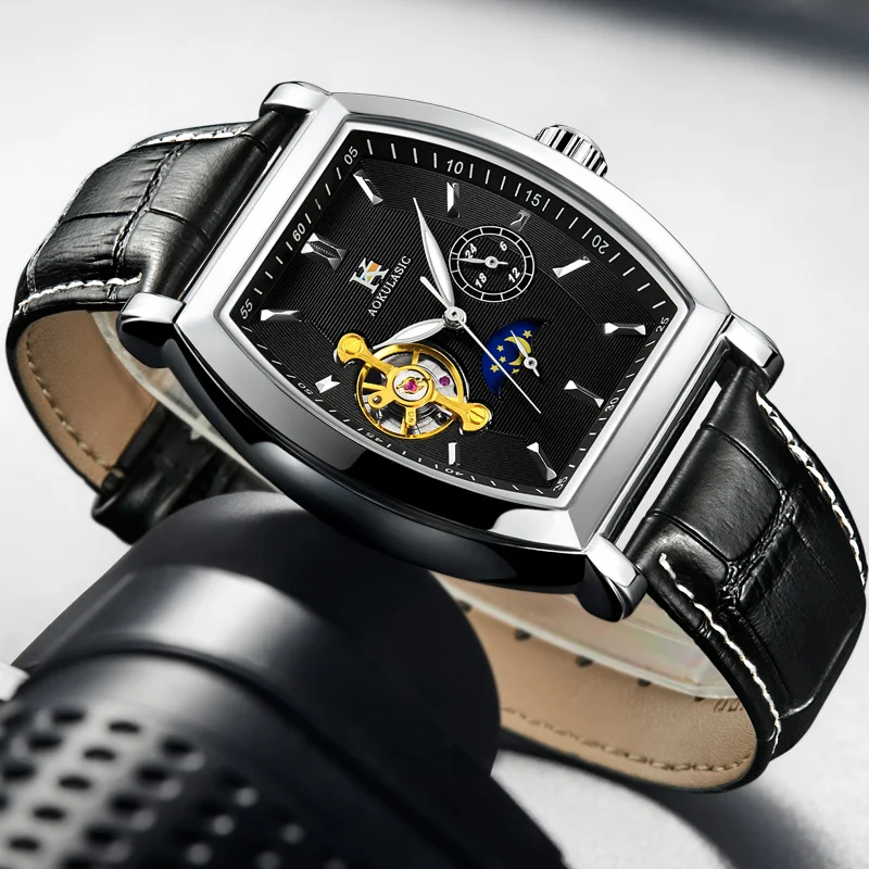 AOKULASIC Mens New Fashion Leather Strap Small 24 Hour Display Tonneau Moonphase Tourbillon Automatic Watch Men Sport Watch
AOKULASIC Mens New Fashion Leather Strap Small 24 Hour Display Tonneau Moonphase Tourbillon Automatic Watch Men Sport Watch