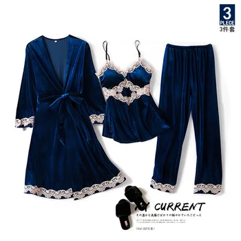 Kimono Bathrobe Gown 3PCS Pajamas Set Lady Velvet Bride Bridesmaid Wedding Robe Dressing Gown Sexy Lace Women Pyjamas Suit