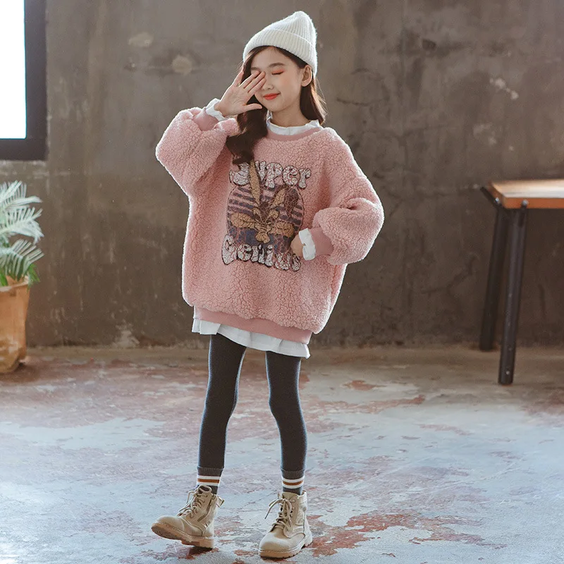 

Soft Winter Spring Autumn Sweater Warm Kids Girl Plus Velvet Lamb Wool Pink Beige Outfits Baby Boutique Toddler Sports Children