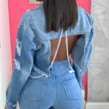 

Sexy Backless Chains Cropped Denim Jacket Women Fashion Plus Size Ripped Holes Tassel Short Jeans Jacket Chaqueta Drop Shipping
