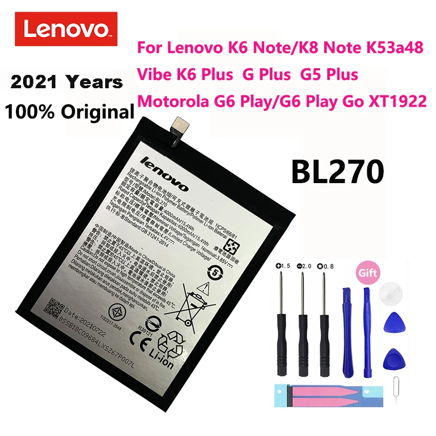 100% Оригинальный аккумулятор для Lenovo K6 K8 Note K53a48 Vibe G G5 Plus 4000 мАч BL270 Motorola Moto G6 Play xt3528