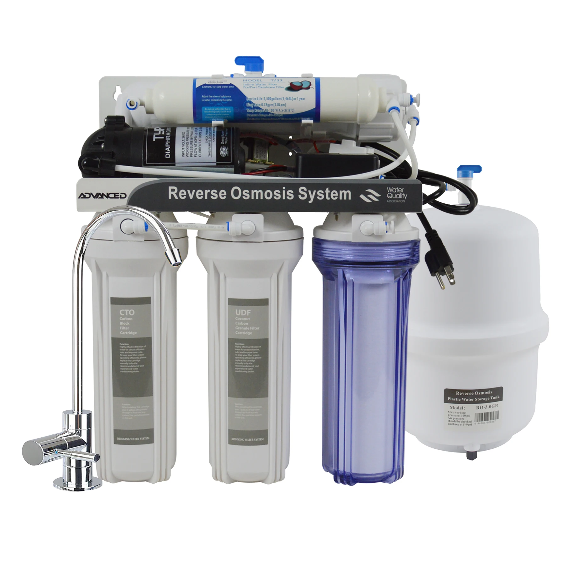 

5-Stage Household Reverse Osmosis RO System 75GPD Under Sink Drinking Water Filtration Purifier with Faucet and tank, US Plug
