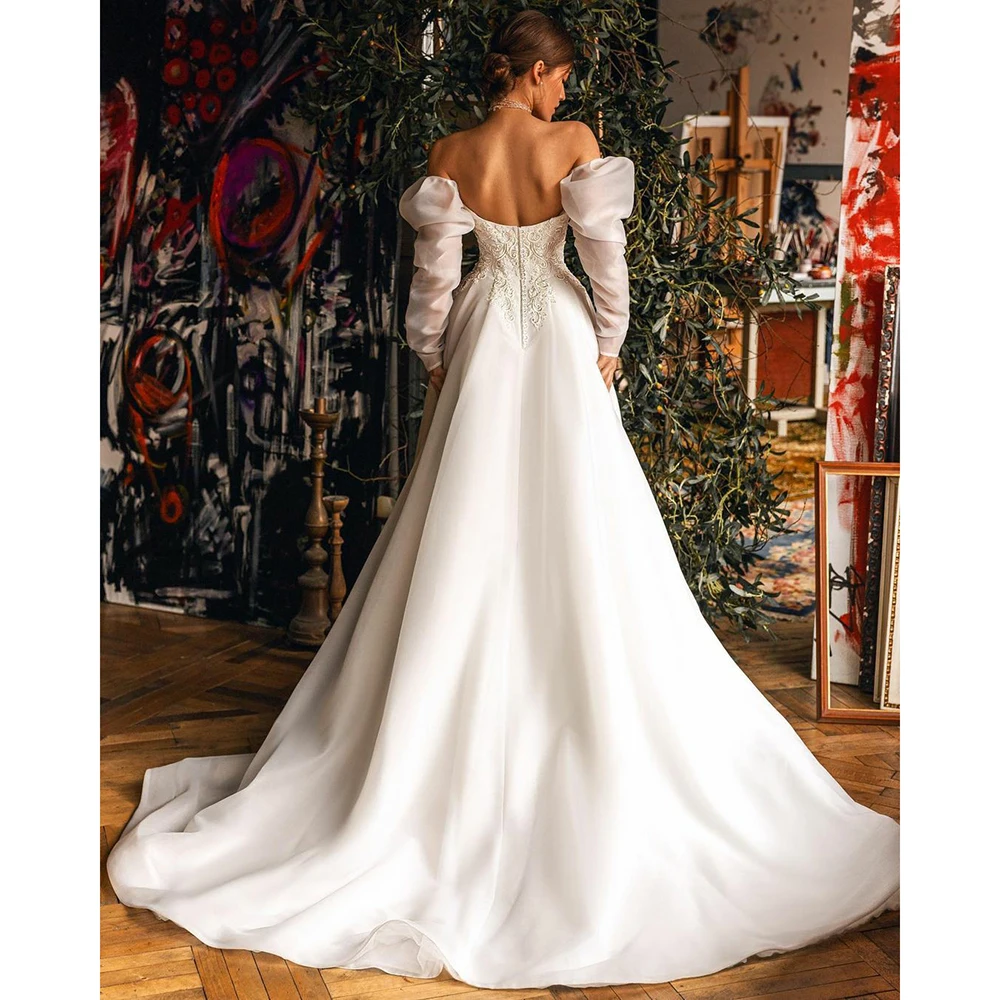 

UZN Chic Ivory Organza Satin Princess Wedding Dresses Sweetheart Long Puffy Sleeves Bridal Gowns Appliques Lace Brides Dress Rob