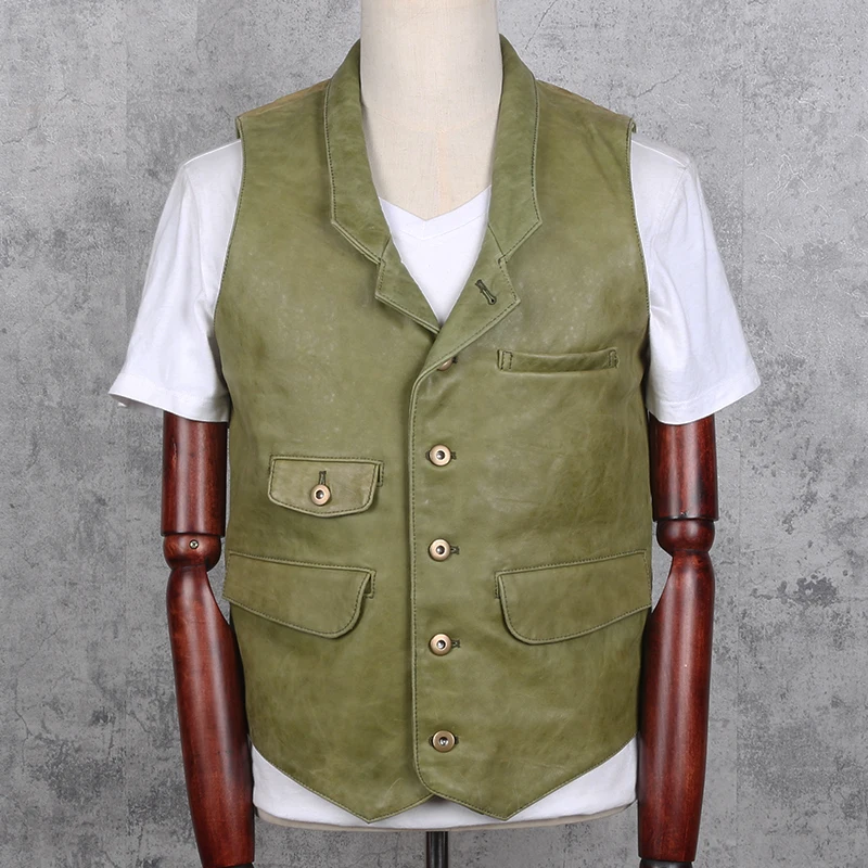 

Genuine Men's Young Men Biker Motorcycle Vest Green Pure Color Slim Fit Casual Real Cowhide Leather Waistcoat