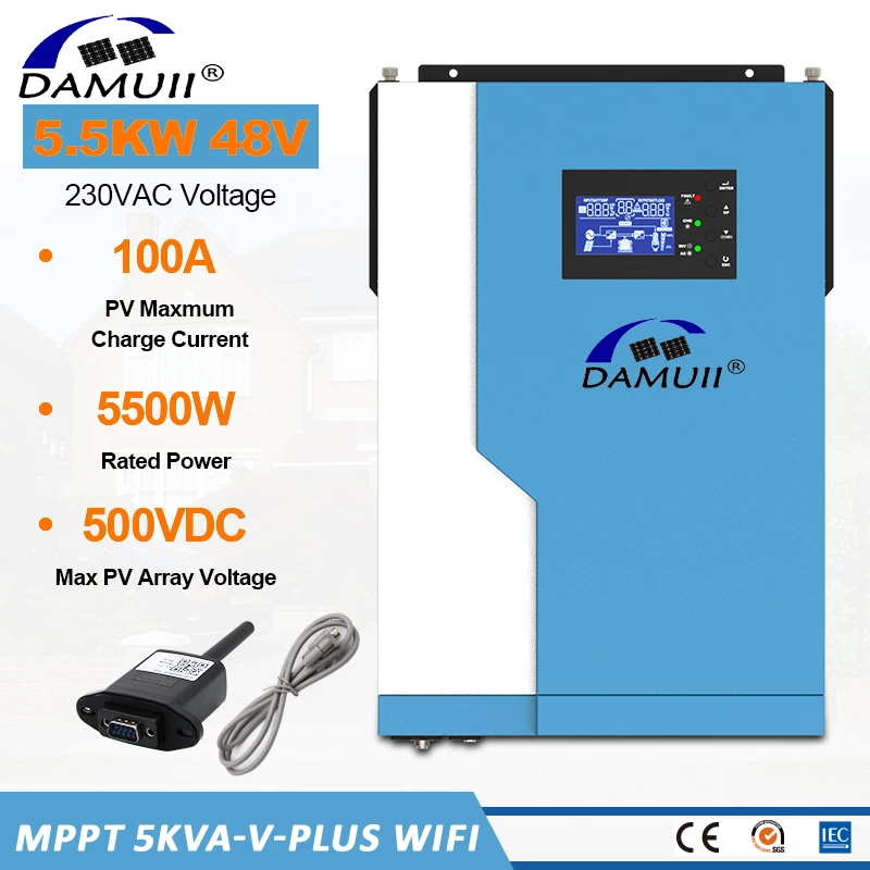 DAMUII 5.5Kva 5500Watt Solar Inverter MPPT 100A 500VDC PV Input 220VAC 48VDC 5.5KW Pure Sine Wave hybrid inverter With WiFI
DAMUII 5.5Kva 5500Watt Solar Inverter MPPT 100A 500VDC PV Input 220VAC 48VDC 5.5KW Pure Sine Wave hybrid inverter With WiFI