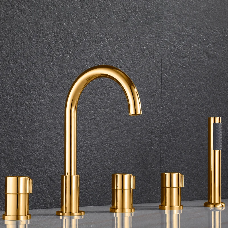 

Bathroom Bathtub Solid Brass Sink Mixer Taps Set Hot & Cold Deck Mounted 3 Handle 5 Hole With Handheld Widespread Faucet Gold