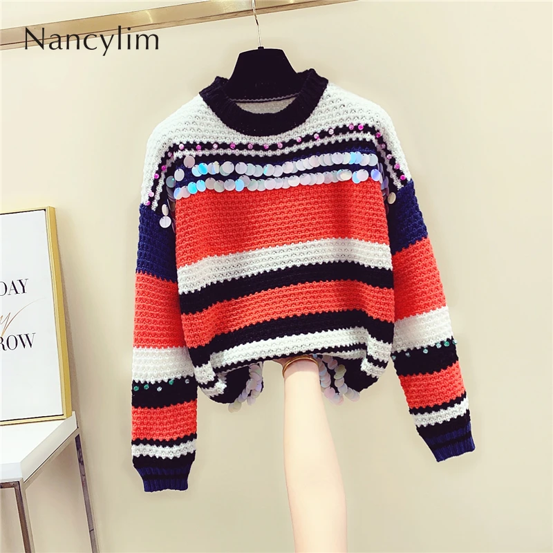 Fall Winter Stripe Sweater Women 2019 New Korean Loose Lazy Wind Rainbow Striped Sequined Sweater Students Street Jumper Sweater 
Fall Winter Stripe Sweater Women 2019 New Korean Loose Lazy Wind Rainbow Striped Sequined Sweater Students Street Jumper Sweater