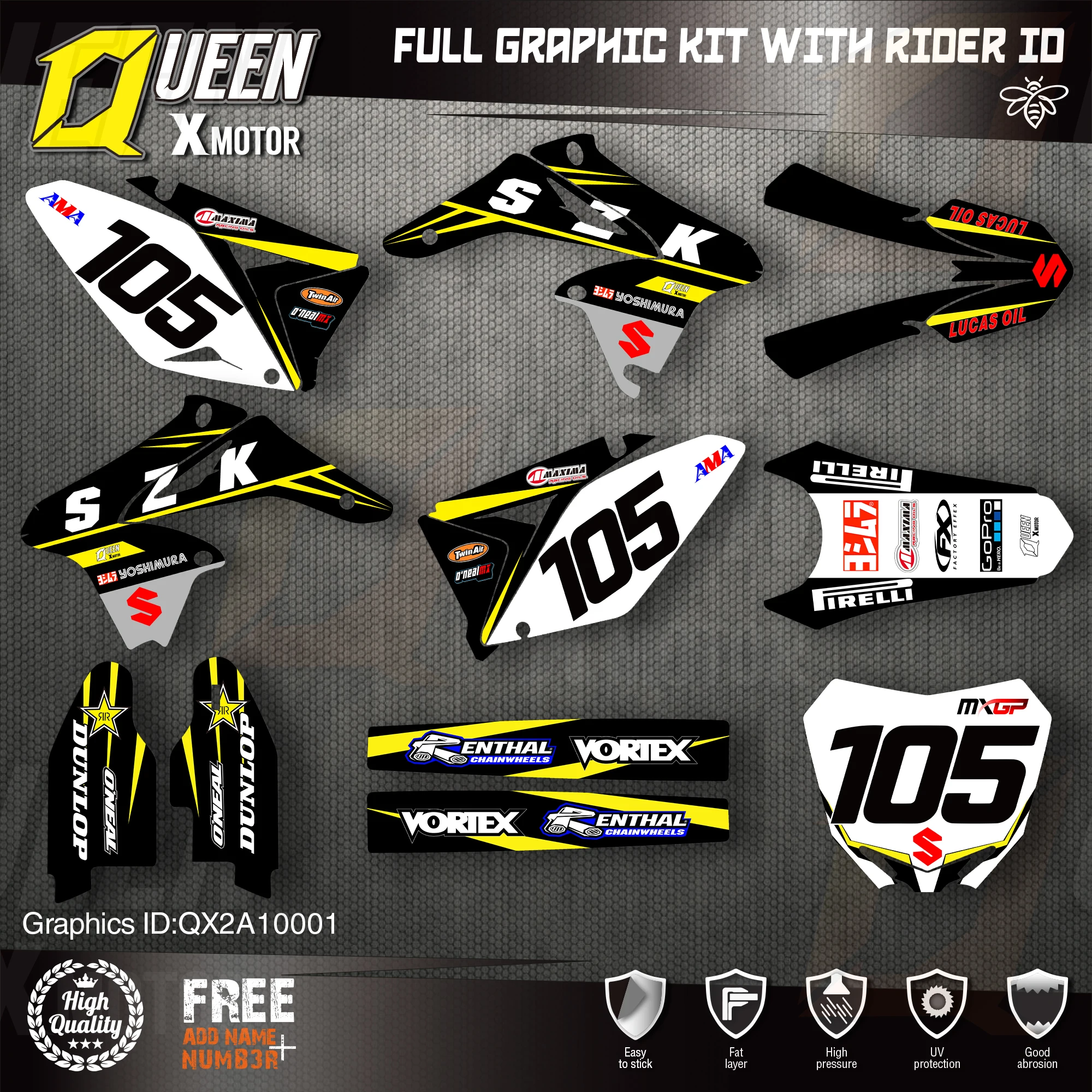 Queen X MOTOR Custom Team Graphics Decals Stickers Kit For SUZUKI Decal 2010-2018 RMZ250 001
Queen X MOTOR Custom Team Graphics Decals Stickers Kit For SUZUKI Decal 2010-2018 RMZ250 001