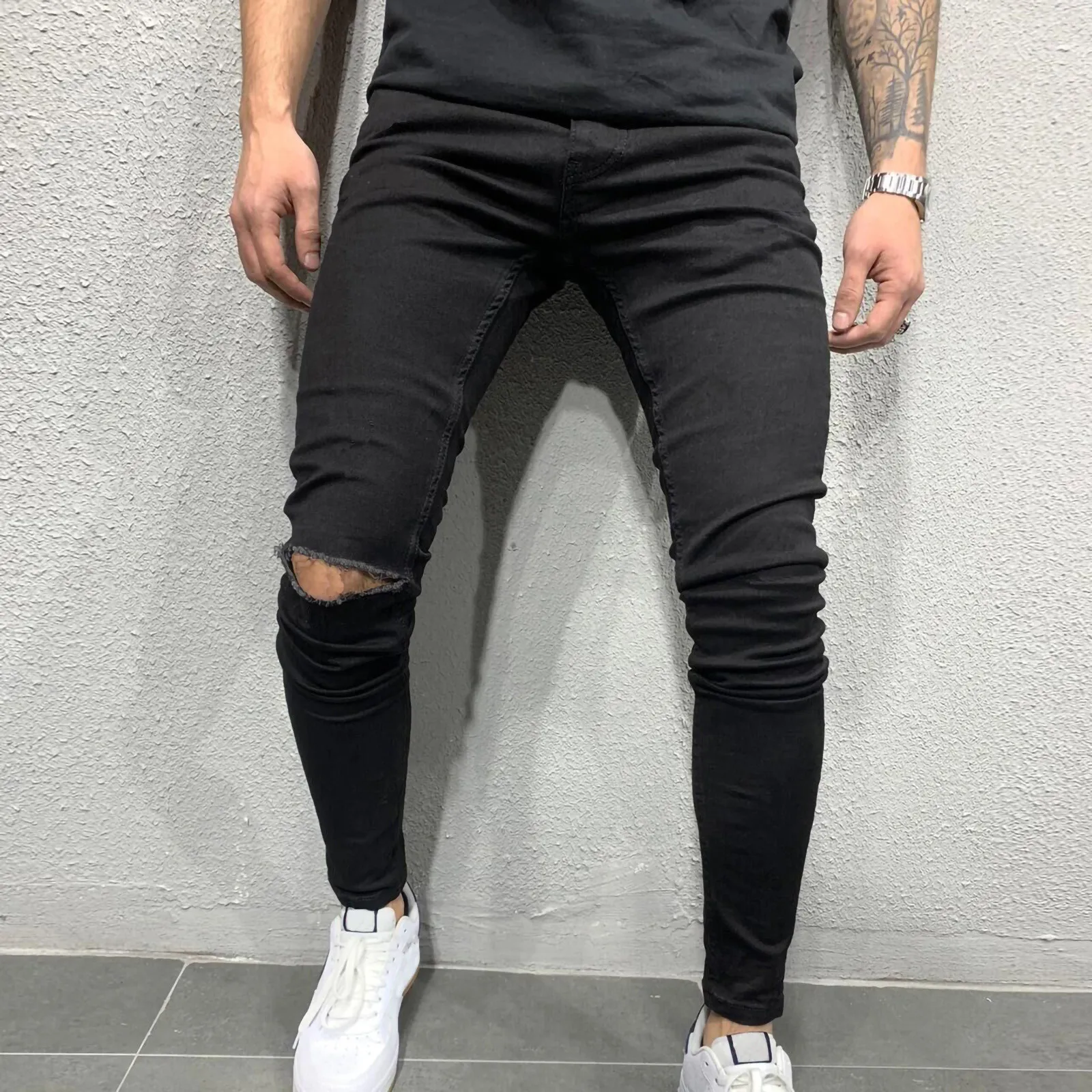 

New Fashion Men's Ripped Jeans Men's Mid Ripped Denim Frayed Hem Casual Stretch Tight Jeans Denim Trousers