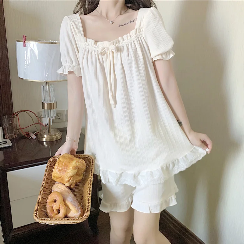 Summer Woman's Pajamas Pure Color Square Neck Pullover Lace Short Sleeve Shorts Two-piece Sweet and Cute Casual Homewear
Summer Woman's Pajamas Pure Color Square Neck Pullover Lace Short Sleeve Shorts Two-piece Sweet and Cute Casual Homewear