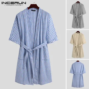 Men Plaid Robes Cotton Homewear Kimono 3/4 Sleeve V Neck Cozy Sleepwear Men Fashion Bathrobes Nightgown With Belt S-5XL INCERUN
Men Plaid Robes Cotton Homewear Kimono 3/4 Sleeve V Neck Cozy Sleepwear Men Fashion Bathrobes Nightgown With Belt S-5XL INCERUN