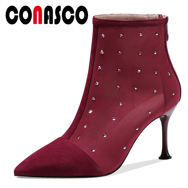 CONASCO New Arrival Women Kid Suede Summer Ankle Boots Mesh Rhinestone Thin Heels Pointed Toe Thin Heel Back Zipper Boots Woman
CONASCO New Arrival Women Kid Suede Summer Ankle Boots Mesh Rhinestone Thin Heels Pointed Toe Thin Heel Back Zipper Boots Woman