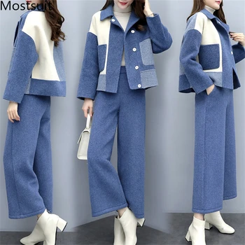Autumn Winter Woolen Two Piece Sets Outfits Women Plus Size Color-blocked Coat And Wide Leg Pants Suits Elegant Korean Sets 2019
Autumn Winter Woolen Two Piece Sets Outfits Women Plus Size Color-blocked Coat And Wide Leg Pants Suits Elegant Korean Sets 2019