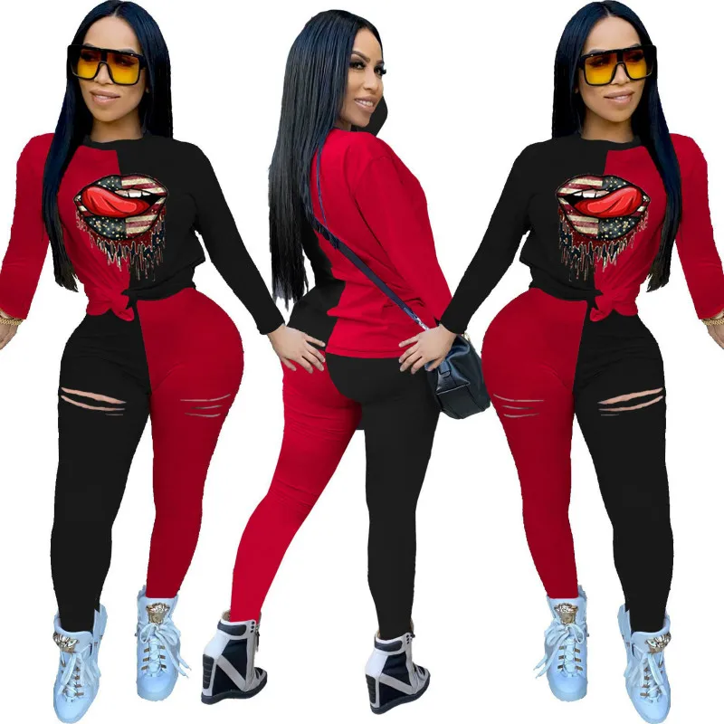 2020 Autumn Women Casual Suit Lip Print Patchwork Long Sleeves & Hollow Out Pants European And American Fashion 2 Piece Set
2020 Autumn Women Casual Suit Lip Print Patchwork Long Sleeves & Hollow Out Pants European And American Fashion 2 Piece Set