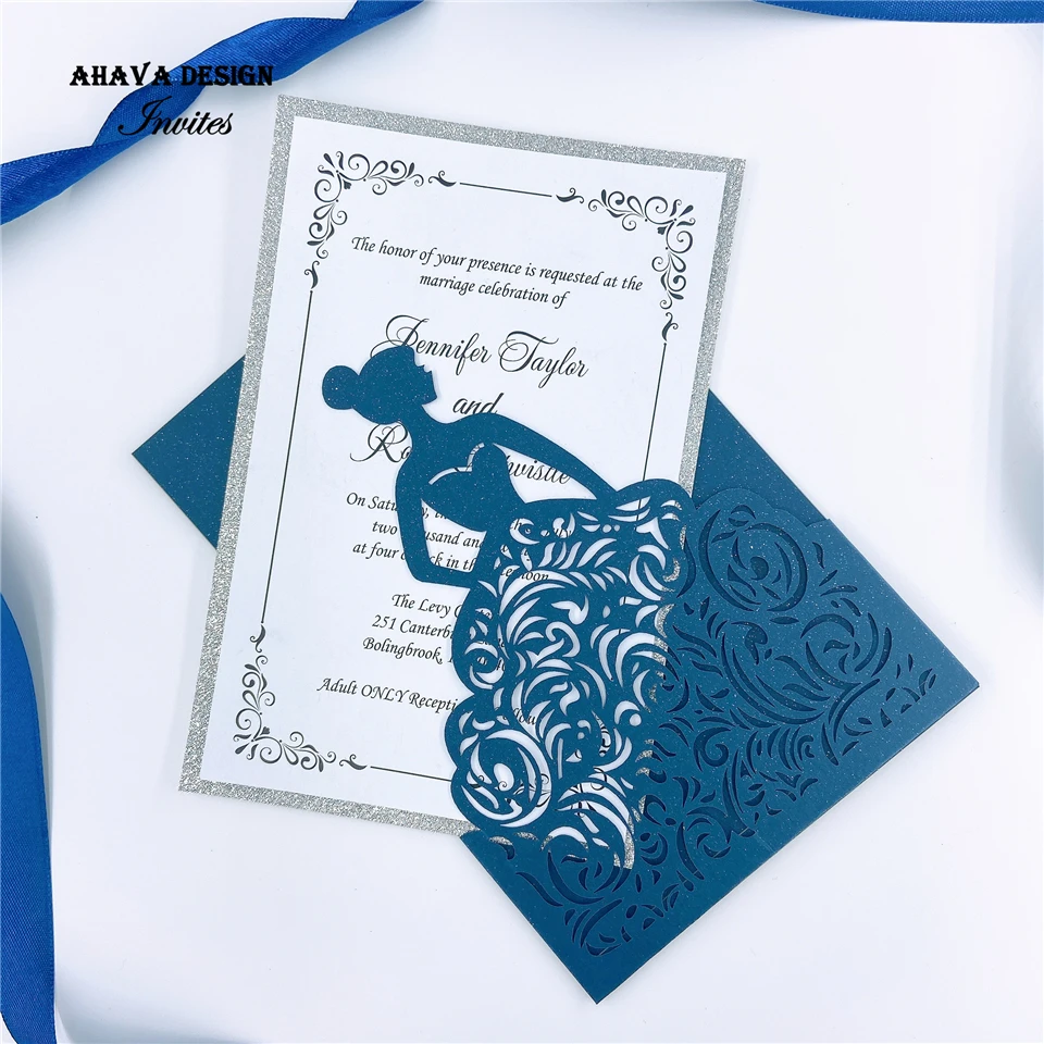 

Romantic Navy&Silver Laser Cut Bridal Shower Invites, Gril Laser Pocket With Customized Insert {Free Infinite Design Before Pay}