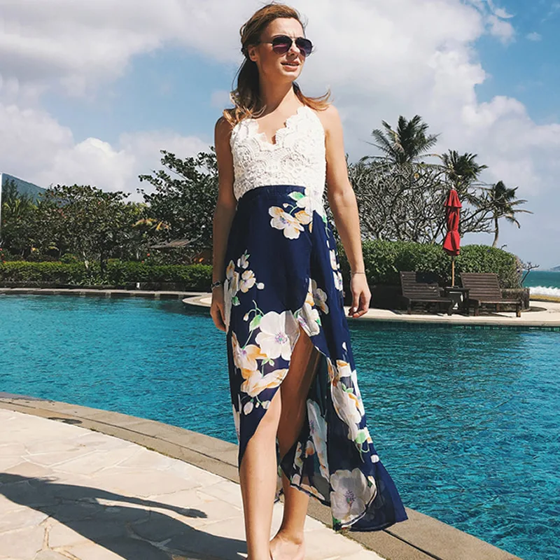 Lace Patchwork Sexy Sleeveless Split Beach Style Print V-Neck Chiffon Long Ankle-Length Women's Laides 8 Colors Dresses
Lace Patchwork Sexy Sleeveless Split Beach Style Print V-Neck Chiffon Long Ankle-Length Women's Laides 8 Colors Dresses