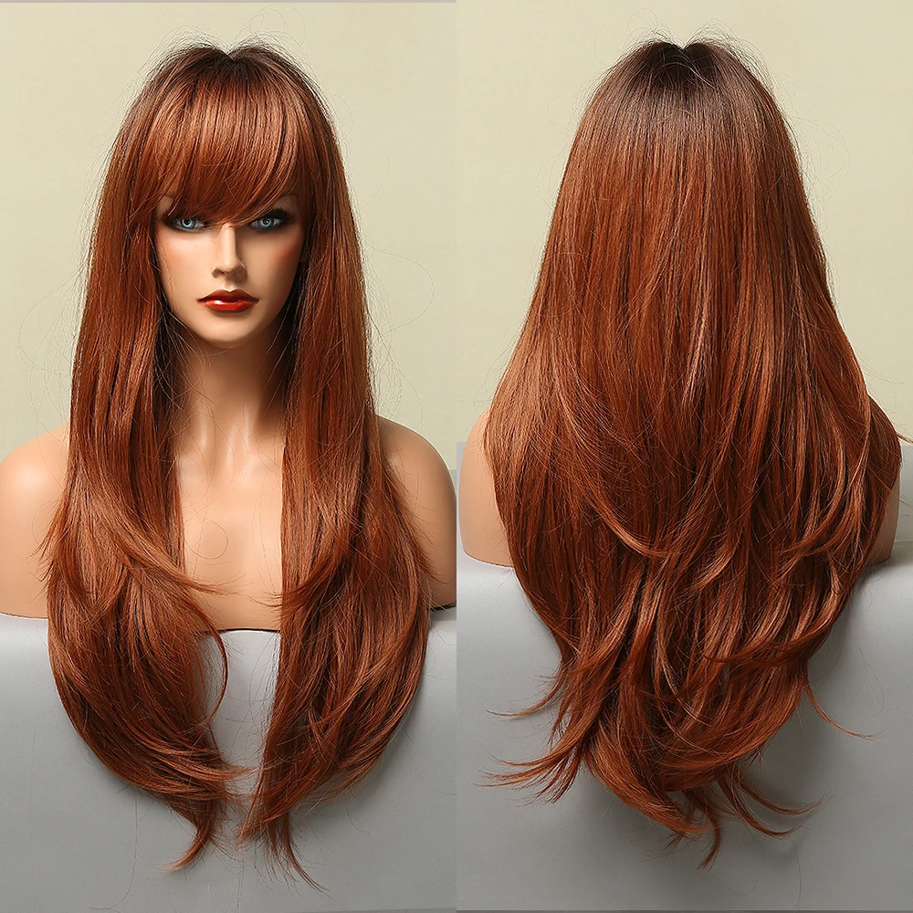 Fashion Long Wavy Synthetic Wigs Chestnut Wig With Bangs For Women Heat