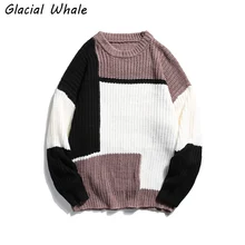 

GlacialWhale Men’s Oversized Sweater Male 2021 Winter New Patchwork Knitted Sweaters Harajuku Pullover Jumper Black Sweater Men