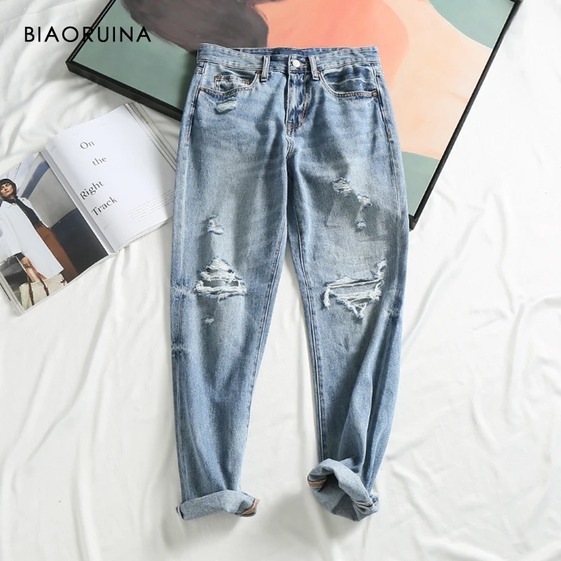 

BIAORUINA Women's Washing Bleached Holes Fashion Light Blue Jeans Female Scratched Ripped Casual Straight Jeans Plus Size
