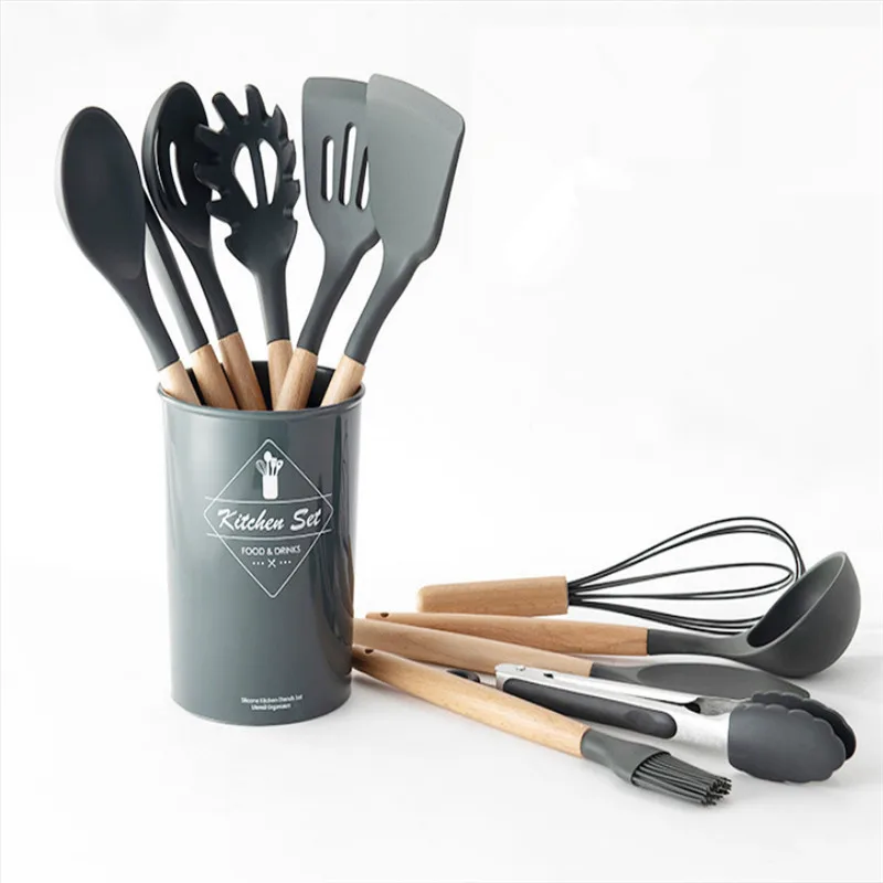 Фото Silicone Cooking Utensils 9/11Pcs Kitchen Utensil Set Non-stick Spatula Wooden Handle with Storage Box Tools Kitchenware | Дом и сад