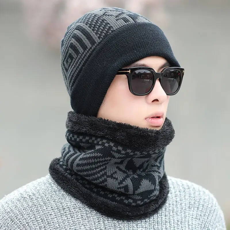 

Neck warmer knitted hat scarf set fur Wool Lining Thick Warm Knit beanies balaclava Winter Hat For men women Cap Skullies bonnet