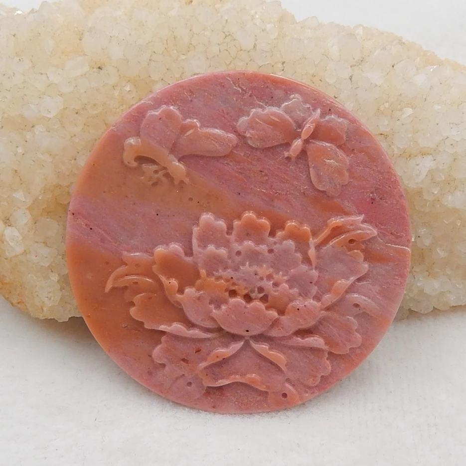 

Semiprecious stone jewelry, Carved Flower Rhodonite Gemstone Round cabochon Bead for making Jewelry 58x5mm,22.3g