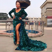 Charming Evening Dresses Long With Train Sequins Glitter Aso Ebi Prom Dress Mermaid V Neck Sexy Slit Party Gowns 
Charming Evening Dresses Long With Train Sequins Glitter Aso Ebi Prom Dress Mermaid V Neck Sexy Slit Party Gowns