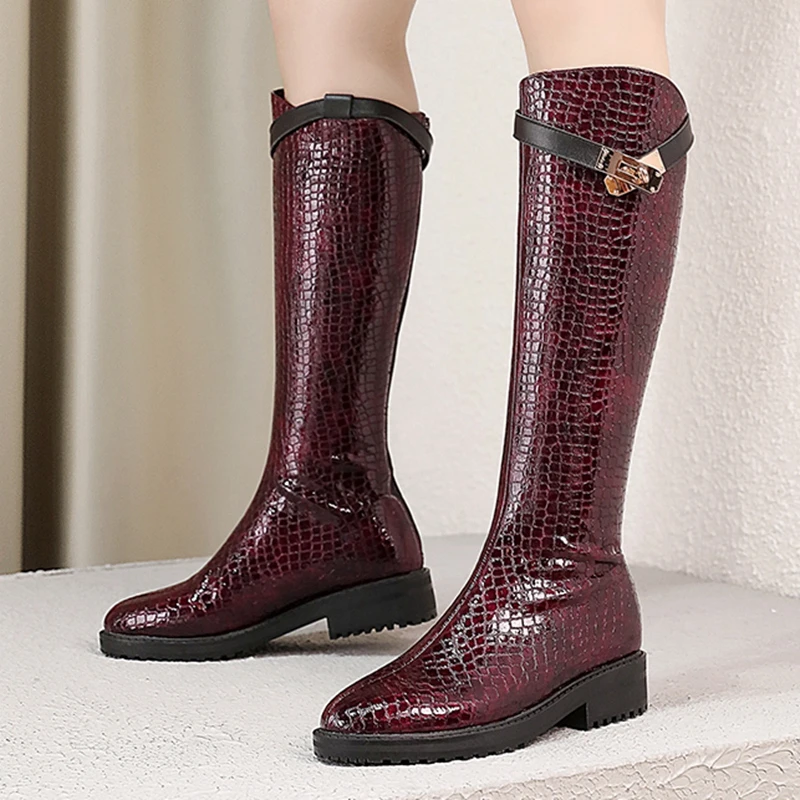Embossed Leather Women Knee High Boots Newest Women Zipper Long Riding Boots Dancing Shoes Woman Metal Buckle Boots Fixed price 
Embossed Leather Women Knee High Boots Newest Women Zipper Long Riding Boots Dancing Shoes Woman Metal Buckle Boots Fixed price
